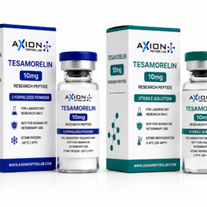 Tesamorelin 10mg Research Peptide, Tesamorelin 10mg Research Peptide bottles in lyophilized powder and liquid research solution formats from Axion Peptide La