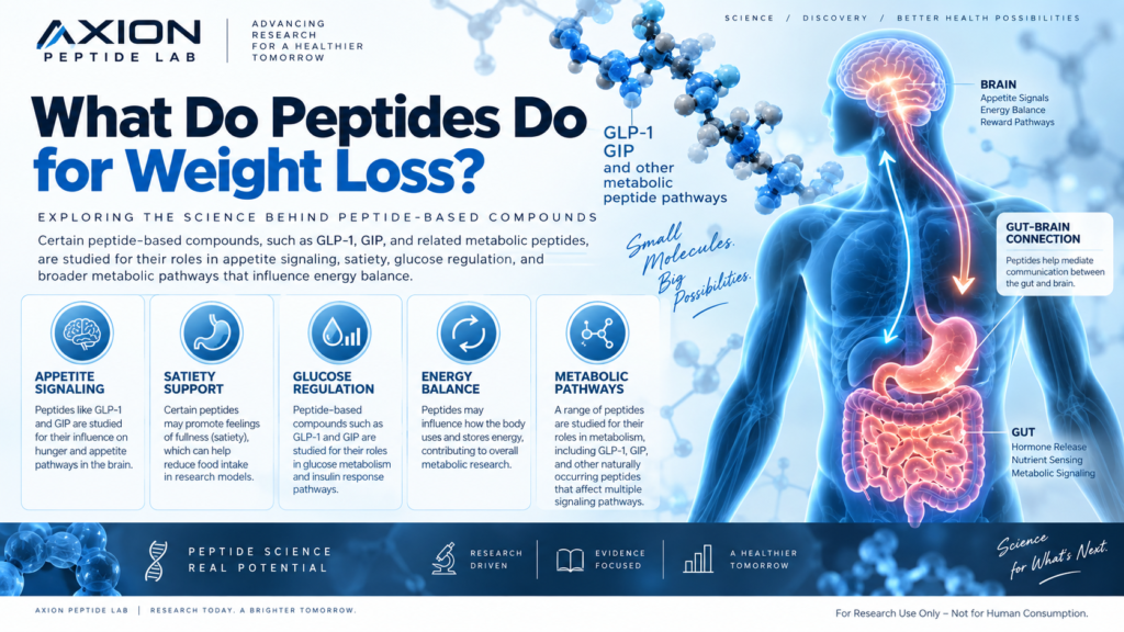 What do peptides do infographic explaining peptide functions, potential benefits, weight regulation, safety and research