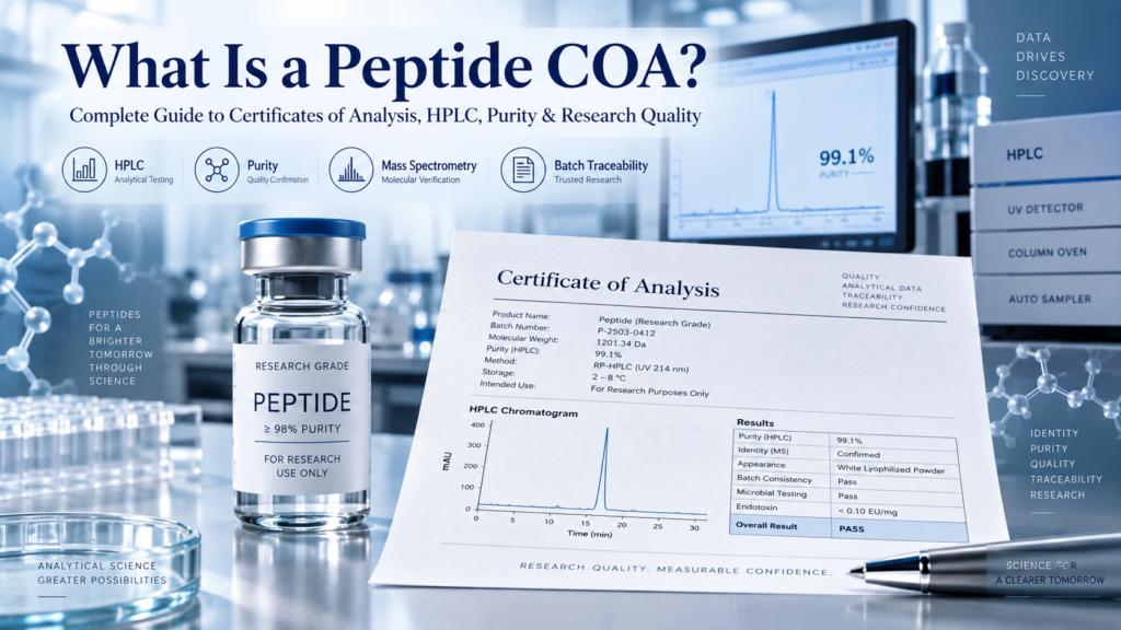 What is a peptide COA, what is a peptide COA, peptide COA, peptide certificate of analysis, certificate of analysis peptides, peptide COA explained, peptide COA guide, how to read a peptide COA, peptide purity testing, peptide HPLC purity, HPLC peptide testing, HPLC peptide purity, peptide HPLC chromatogram, peptide mass spectrometry, peptide molecular weight, peptide identity testing, peptide quality testing, research peptide quality, research peptide COA, peptide batch testing, peptide batch traceability, peptide analytical testing, peptide laboratory testing, peptide purity analysis, peptide COA interpretation, peptide COA requirements, peptide COA example, peptide COA batch number, peptide COA authenticity, peptide COA verification, peptide testing methods, LC-MS peptide testing, peptide LC-MS analysis, peptide mass spectrum, peptide molecular identity, expected molecular weight peptide, observed molecular weight peptide, peptide chromatographic purity, peptide purity vs identity, peptide purity vs potency, peptide purity vs content, what does 99% peptide purity mean, is 99% peptide purity good, what does HPLC purity mean, does HPLC confirm peptide identity, HPLC vs mass spectrometry peptides, peptide analytical methods, peptide quality control, high purity research peptides, research peptides with COA, research peptide supplier with COA, laboratory research peptides, research peptides online, peptide research supplier USA, peptide research supplier UK, peptide supplier analytical testing, peptide supplier HPLC testing, peptide supplier quality control, peptide research catalogue, research peptides for laboratory use, peptides for weight loss, weight loss peptide research, metabolic peptide research, GLP-1 peptide research, GIP peptide research, glucagon peptide research, metabolic signalling peptides, weight regulation peptides, appetite regulation peptides, satiety peptide research, glucose regulation peptides, GLP-1 and GIP research, semaglutide research, tirzepatide research, retatrutide research, semaglutide vs tirzepatide, tirzepatide vs retatrutide, semaglutide vs retatrutide, semaglutide vs tirzepatide vs retatrutide, GLP-1 receptor agonist research, dual agonist peptide research, triple agonist peptide research, retatrutide triple agonist, semaglutide GLP-1 research, tirzepatide GIP GLP-1 research, retatrutide GIP GLP-1 glucagon research, peptide research quality, peptide research documentation, peptide COA HPLC purity, peptide COA mass spectrometry, peptide COA molecular weight, peptide COA batch traceability, peptide purity certificate, peptide testing certificate, analytical peptide research, research peptide laboratory analysis, research peptides vs prescription medicines, research peptides vs pharmaceuticals, peptide regulatory considerations, UK peptide research regulations, USA peptide research regulations, peptide COA for weight loss research, buy research peptides with COA