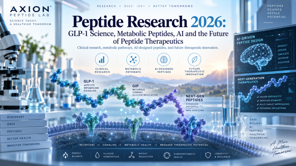 Peptide research 2026 infographic covering GLP-1 science, metabolic peptides, AI-designed peptides and future peptide therapeutics