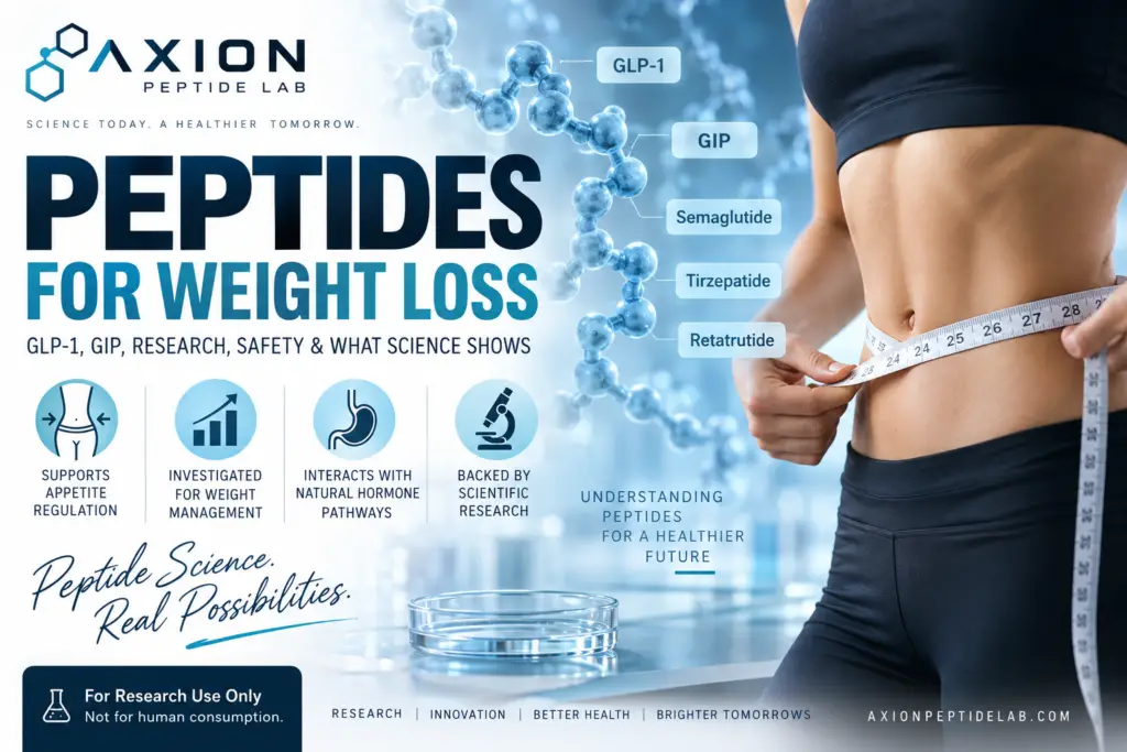 peptides for weight loss,what are peptides, peptides, peptide research, research peptides, peptide science, peptide hormones, peptide biology, peptide structure, amino acid chains, peptide bonds, how peptides work, peptides explained, peptide molecules, natural peptides, synthetic peptides, peptides vs proteins, amino acids vs peptides, peptide signalling, cell signalling peptides, peptide receptors, peptide receptor signalling, biological peptides, peptide function, peptide metabolism, metabolic peptides, peptide pathways, peptide chemistry, peptide synthesis, laboratory peptides, scientific peptide research, high purity research peptides, research grade peptides, peptides for laboratory research, peptide compounds, peptide analysis, peptide purity, peptide testing, peptide certificate of analysis, peptide COA, HPLC peptide testing, mass spectrometry peptides, peptide identity testing, peptide stability, lyophilized peptides, lyophilised peptides, peptide storage, peptide quality control, peptide batch testing, peptide traceability, peptide analytical documentation, GLP-1 peptides, GIP peptides, GLP-1 research, GIP research, metabolic peptide pathways, incretin hormones, gut brain axis peptides, peptides and metabolism, peptides and weight regulation, peptides for weight loss research, semaglutide research, tirzepatide research, retatrutide research, GLP-1 receptor agonist research, dual agonist research, triple agonist research, GIP GLP-1 research, GIP GLP-1 glucagon research, peptide clinical research, peptide safety research, peptide innovation, peptide discovery, peptide biotechnology, peptide therapeutics research, bioactive peptides, signalling molecules, hormonal peptides, peptide drug discovery, peptide development, peptide applications, peptide laboratory, peptide research laboratory, peptide supplier, research peptide supplier, buy research peptides, buy research peptides online, research peptides USA, research peptides UK, research peptides Canada, laboratory research peptides, peptide catalogue, peptide research compounds, peptide molecular biology, peptide pharmacology, peptide biochemistry, peptide receptor binding, peptide structure activity relationship, peptide analytical testing, peptide research guide, Axion Peptide Lab