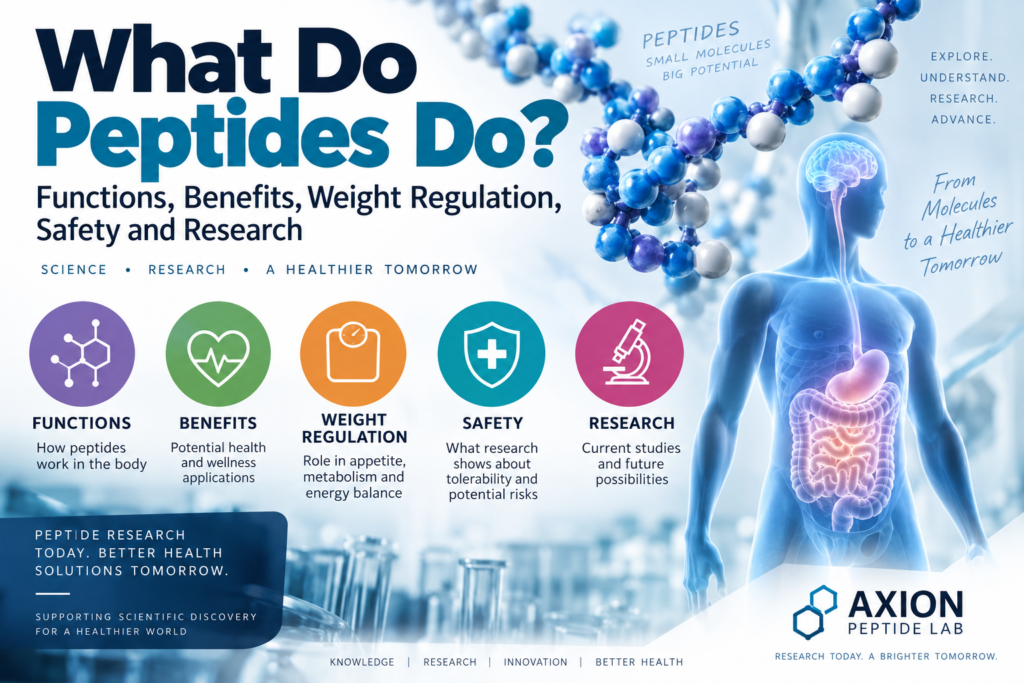 What do peptides do infographic explaining peptide functions, potential benefits, weight regulation, safety and research