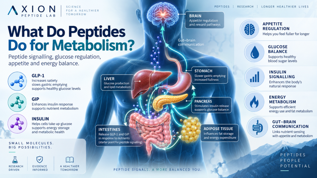 What do peptides do infographic explaining peptide functions, potential benefits, weight regulation, safety and research